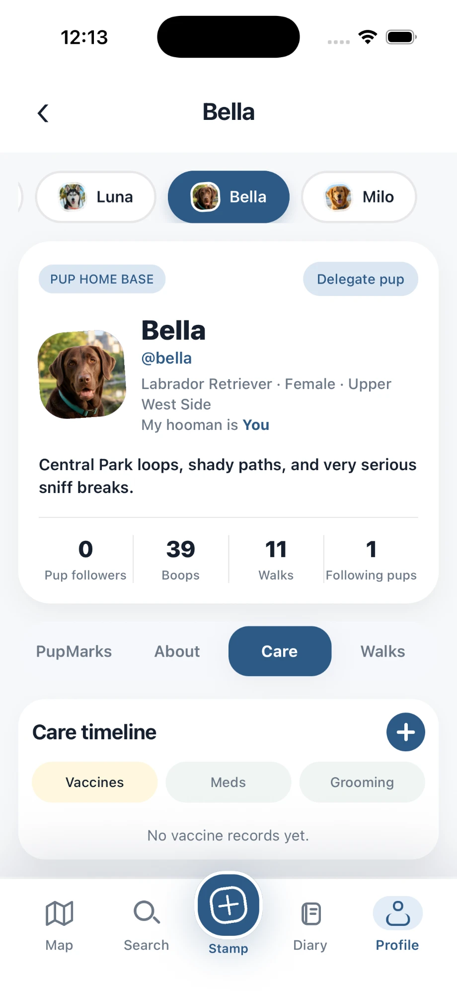 Bella's private Care timeline with vaccine, medication, and grooming tabs