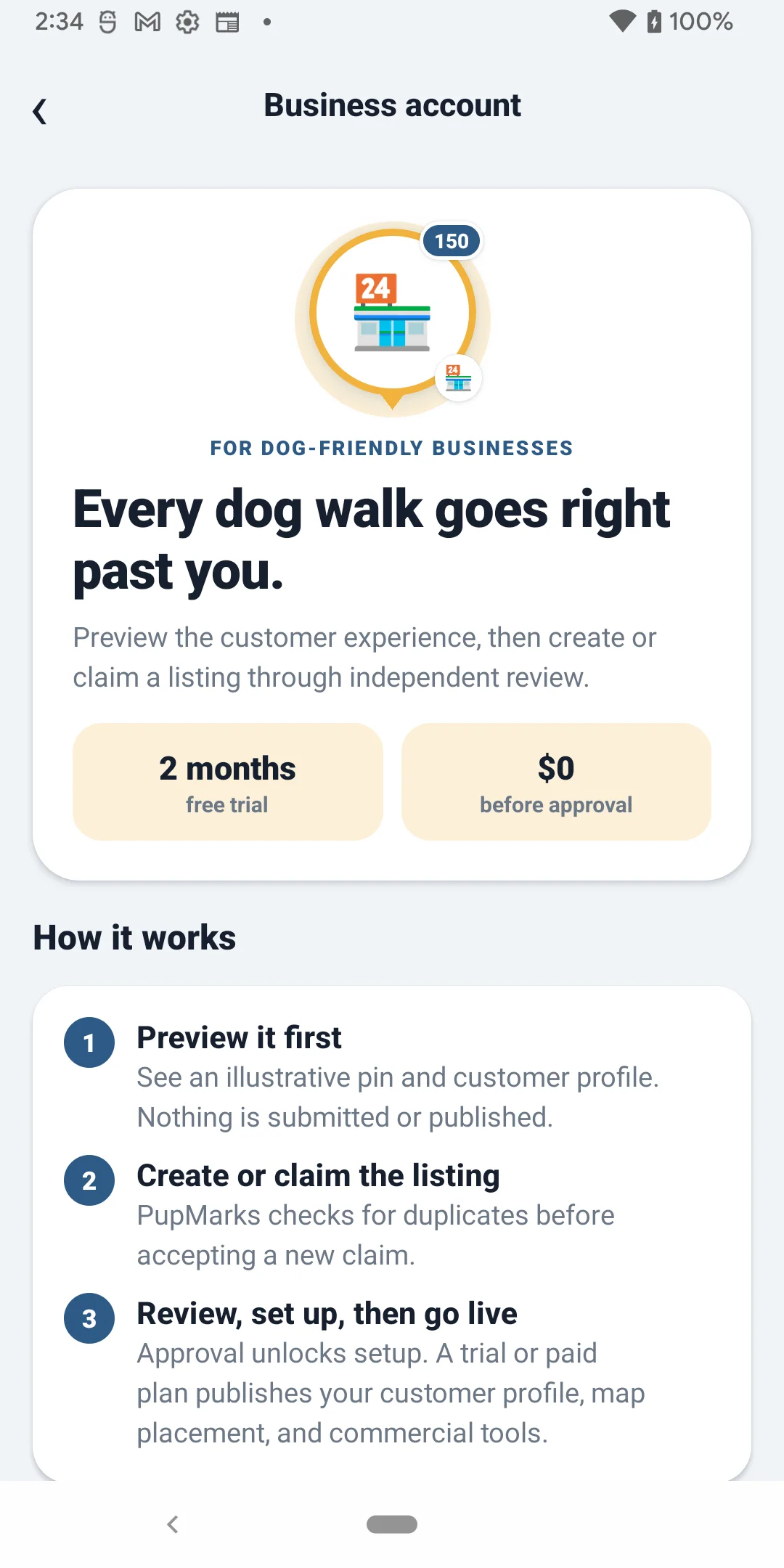 PupMarks Business account screen