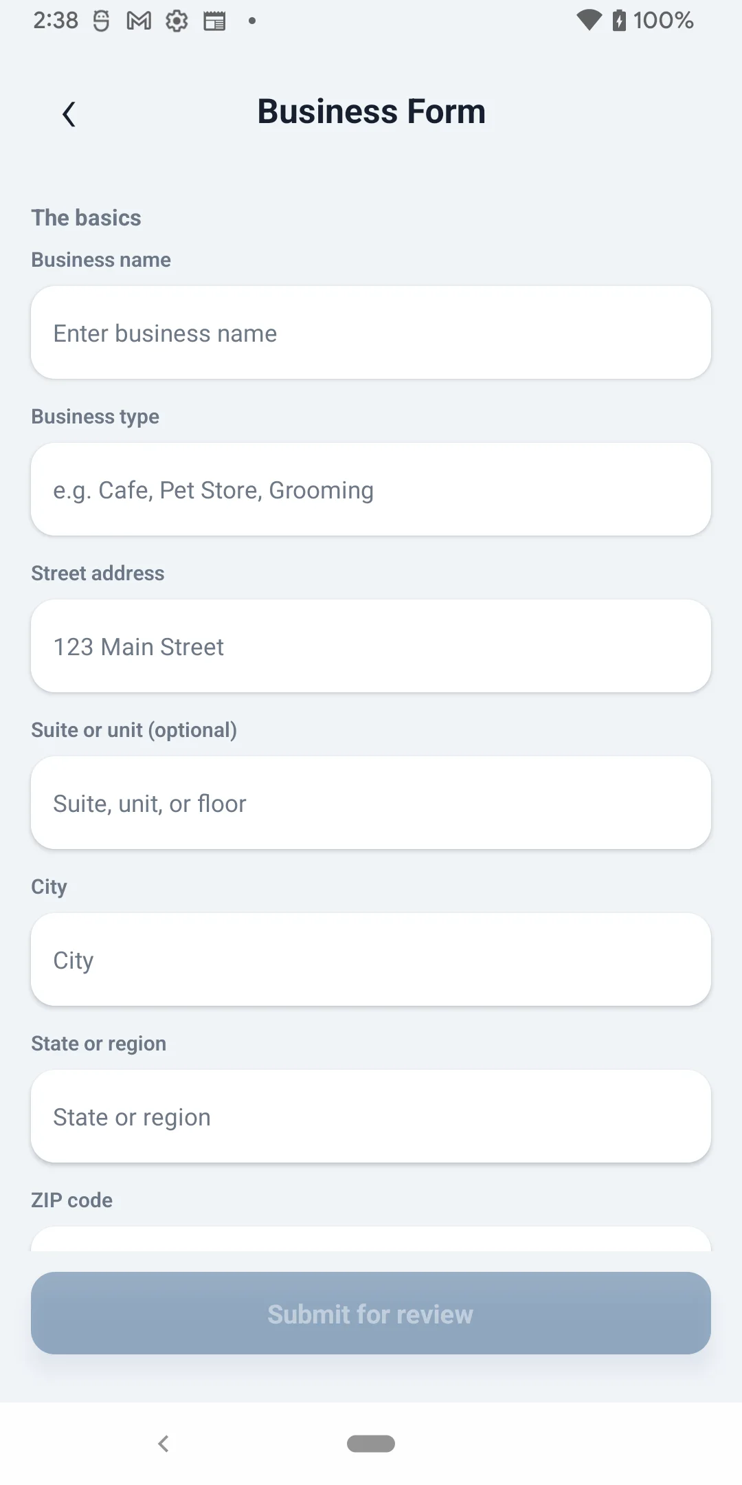 PupMarks Business Form showing the business name, type, and address fields