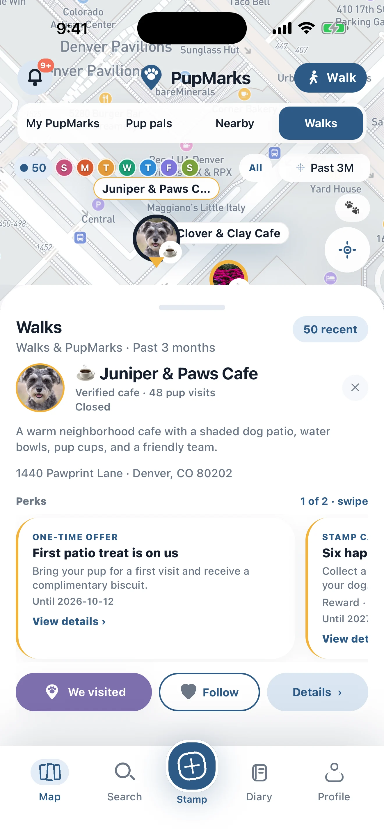 PupMarks business profile for Juniper and Paws Cafe showing details, perks, follow, and visit controls
