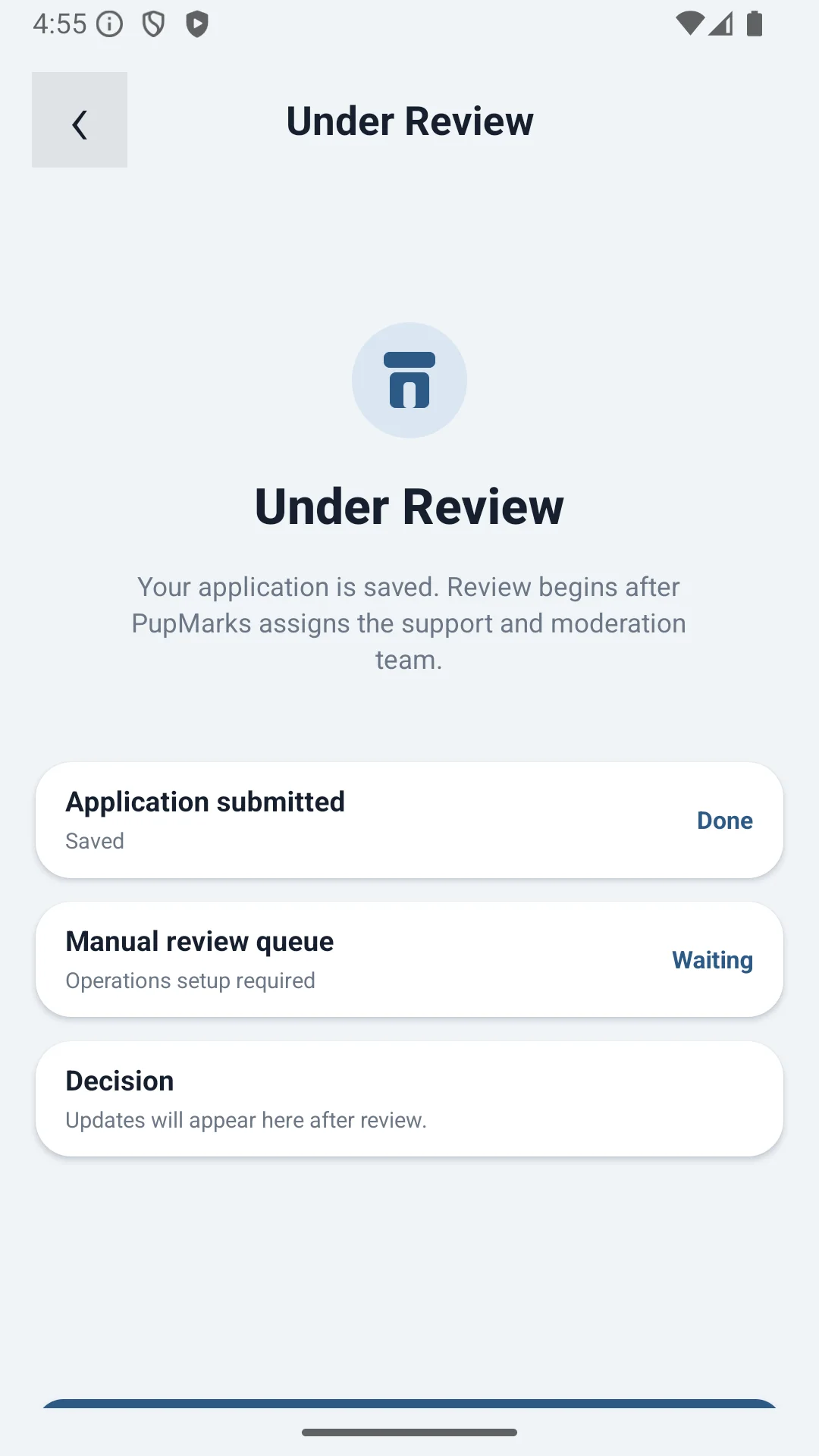 PupMarks claim status screen showing that an application was submitted for review