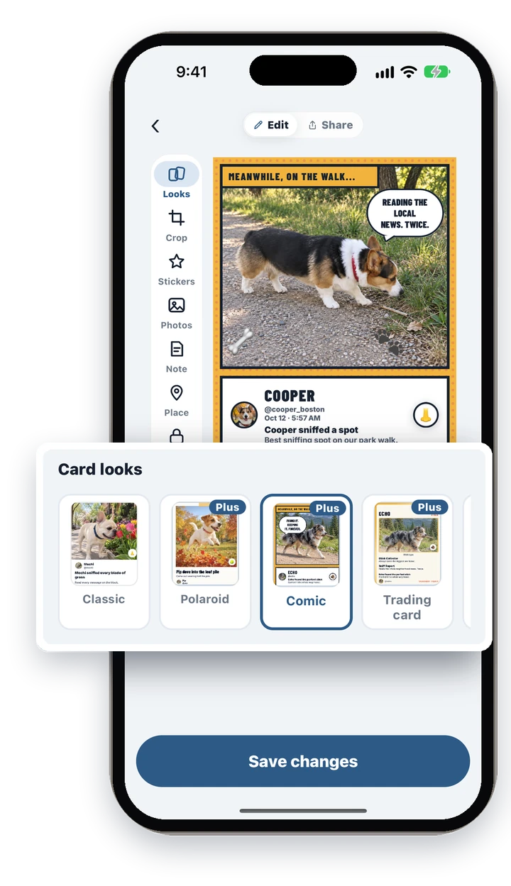 The PupMarks card editor with Cooper’s Comic card, a tool list with Looks, Crop, Stickers, Photos, Note and Place, and a Card looks panel showing Classic, Polaroid, Comic and Trading card.