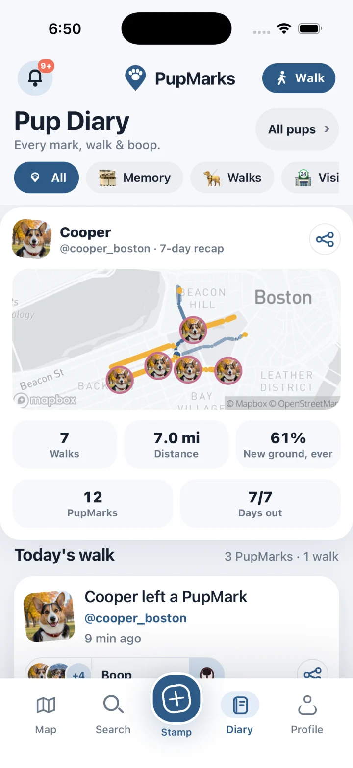 Cooper's visual seven-day Boston Pup Diary recap with overlapping routes and PupMark pins
