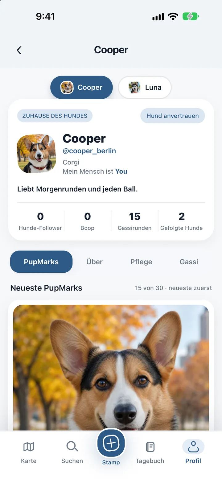 Lunas PupMarks-Profil mit Foto, Geschichte, aktuellen PupMarks und den Tabs Über, Pflege und Gassirunden.