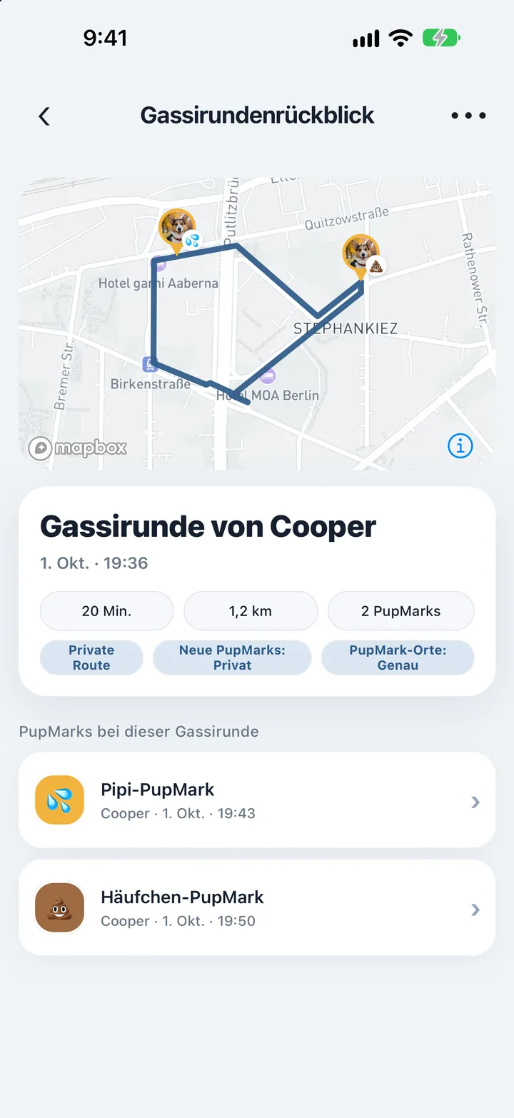 Bellas Spaziergangsrückblick in PupMarks mit Route, 38 Minuten Dauer, 1,0 Meile Strecke und drei PupMarks.