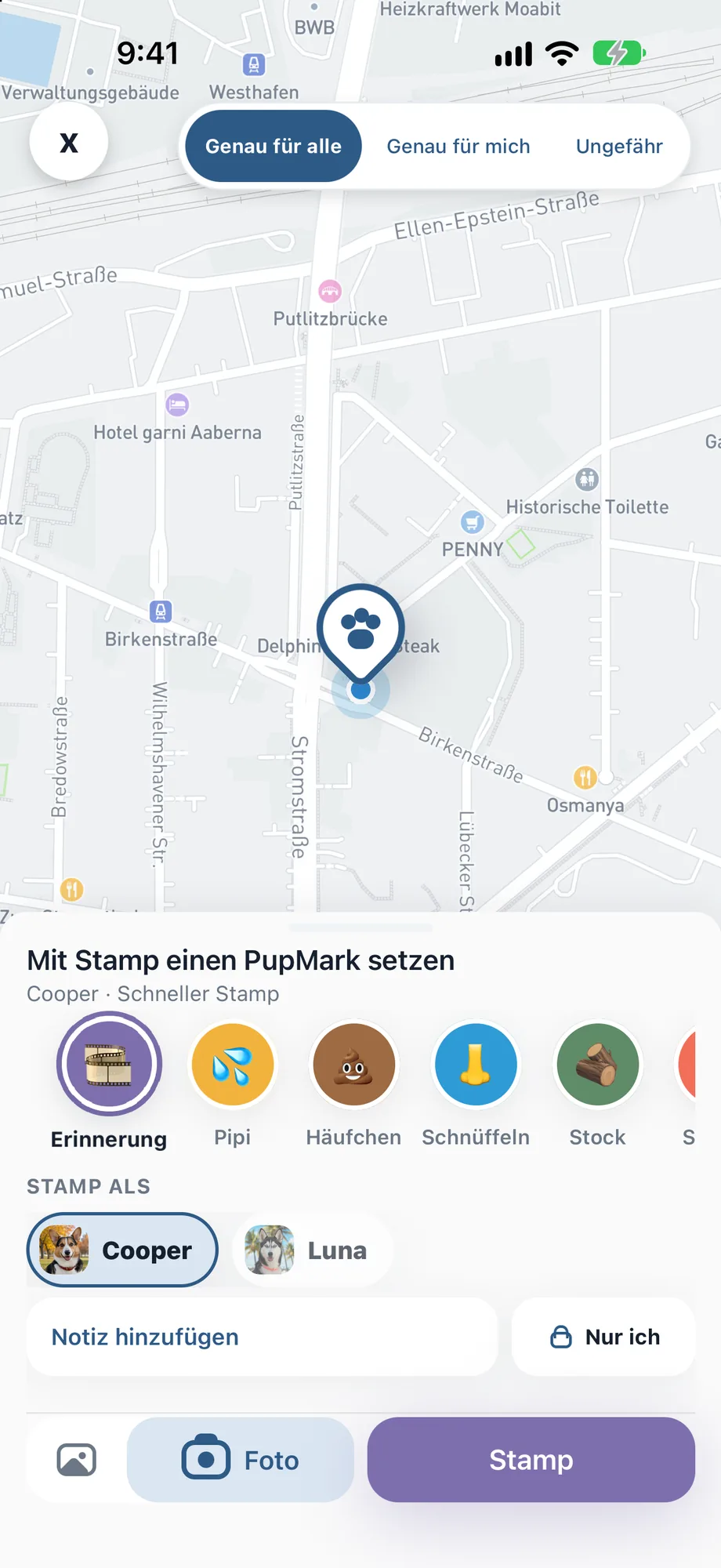 PupMarks-Ansicht zum Setzen einer Erinnerung mit Kartenpin, Optionen zur Standortgenauigkeit, Kategorie Erinnerung und Fotofunktion.