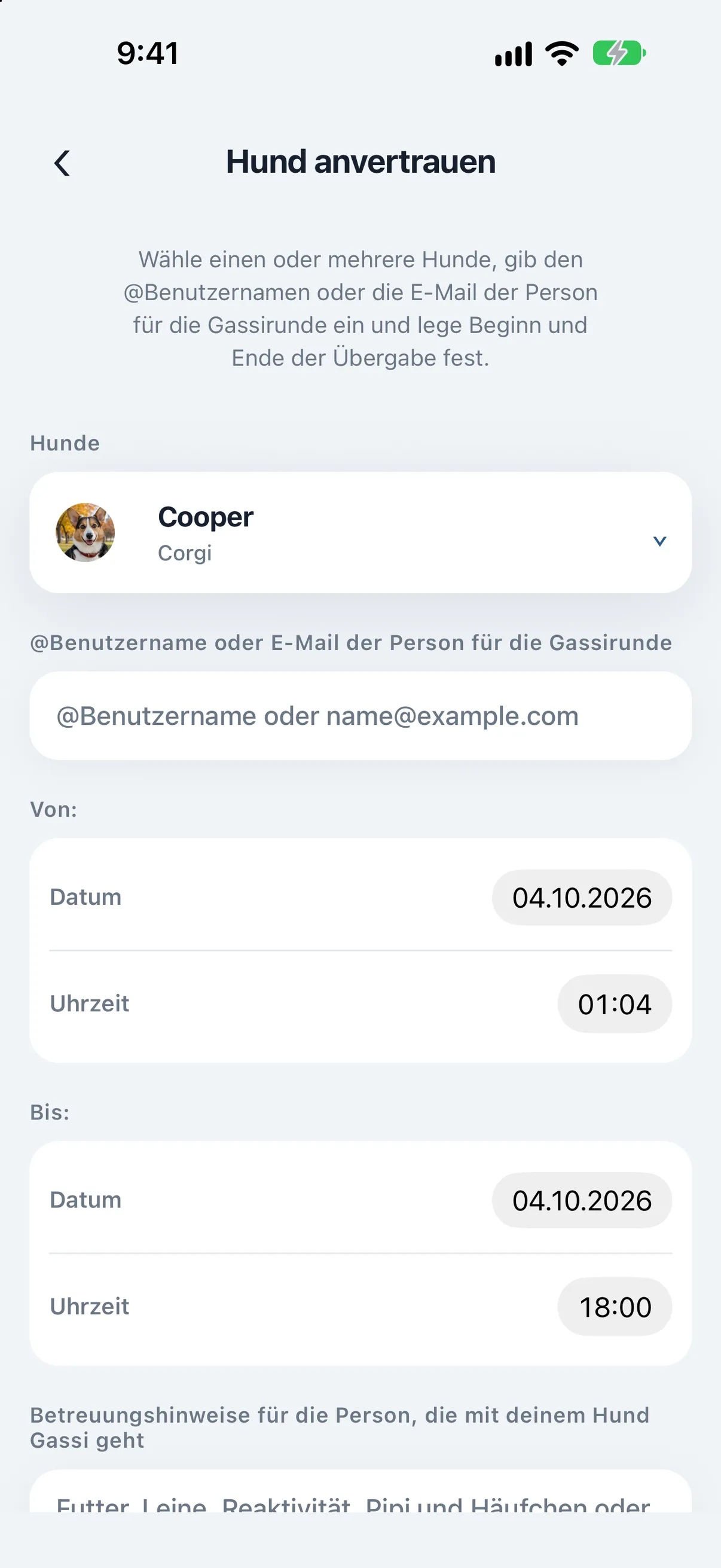 PupMarks-Ansicht Hund anvertrauen mit Maple, einem Feld für Benutzername oder E-Mail-Adresse der Person, die den Hund ausführen soll, und Datum- und Uhrzeitfeldern Von und Bis.