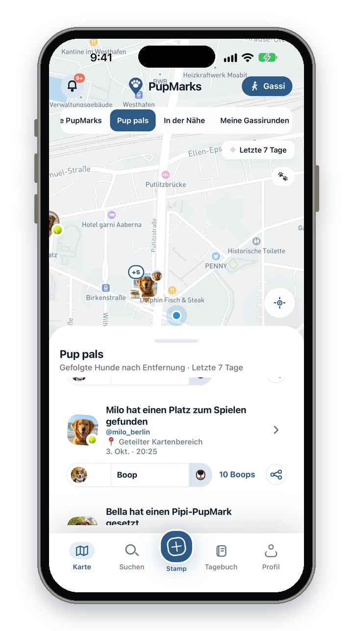Die PupMarks-Karte der Pup pals samt Liste, mit einer nahen PupMark von Bella und einer Boop-Taste mit dem Gesicht eines Hundes.