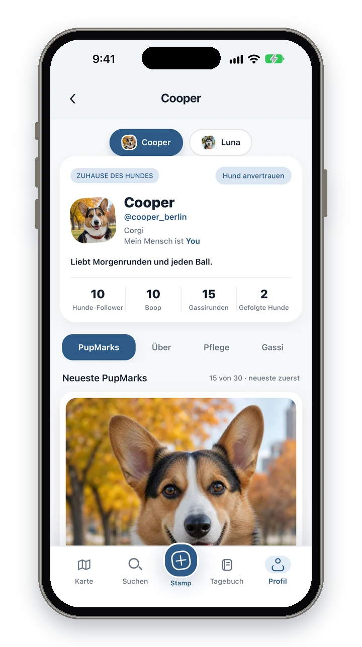 Coopers Profil in PupMarks mit der Hundeauswahl für Cooper und Luna und einer Zeile mit Hunde-Follower, Boop, Gassirunden und Gefolgte Hunde.