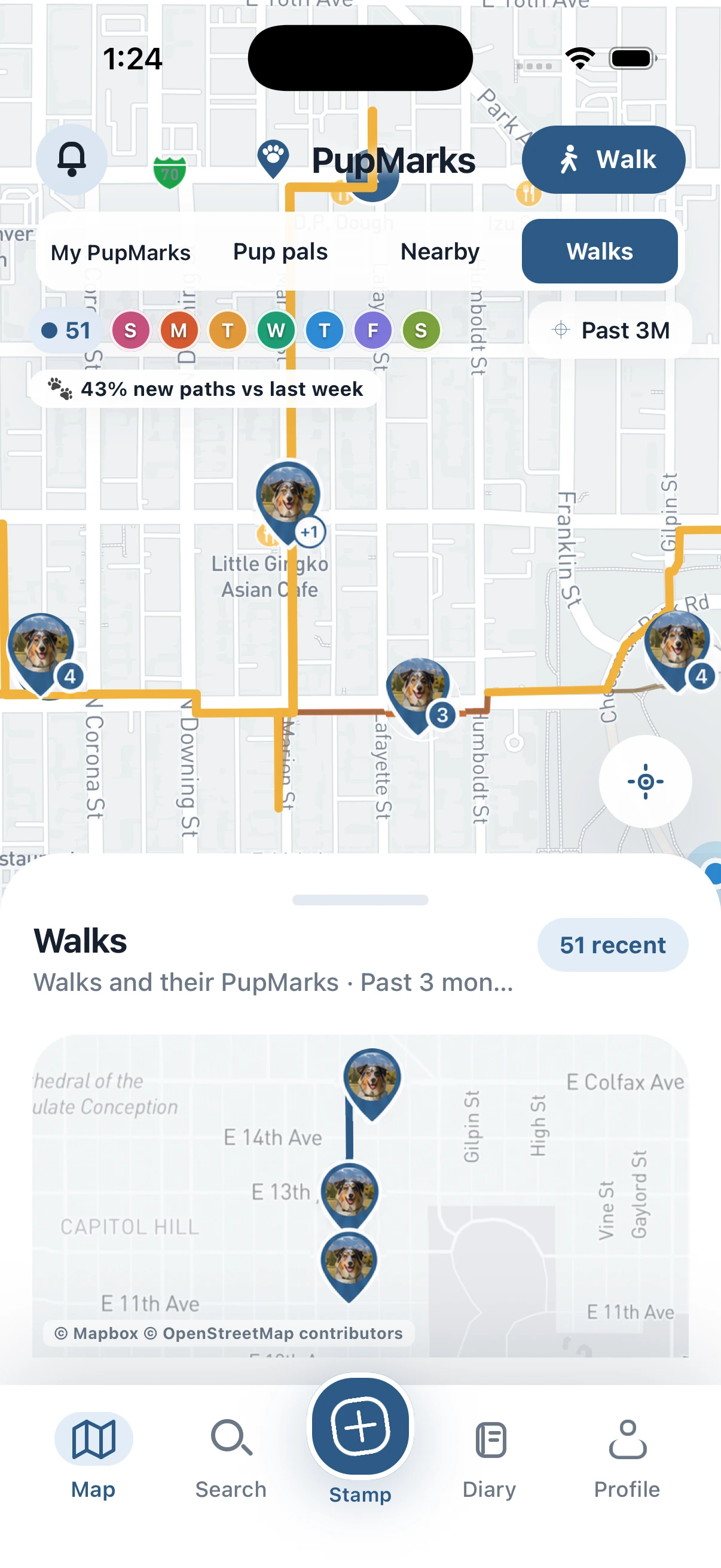 PupMarks iOS map showing 43 percent new paths compared with last week and the new route stretches in gold