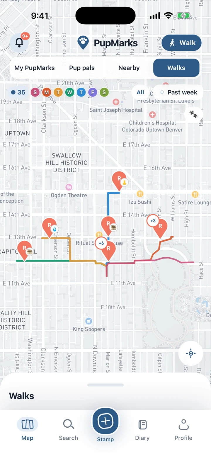 PupMarks iOS weekly trails map with seven day colors and a unique paths score