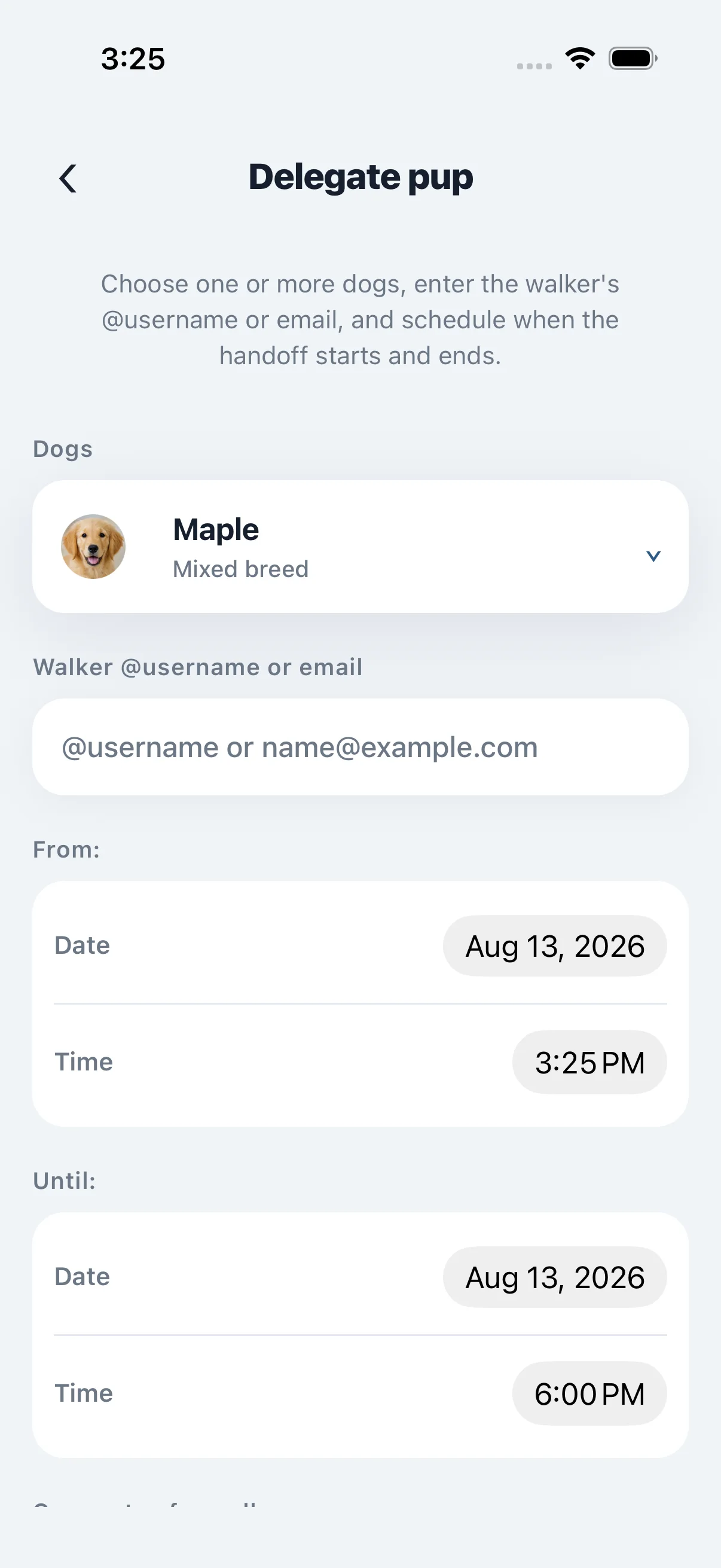 PupMarks Delegate pup screen showing Maple, a walker username or email field, and the start and end time for access