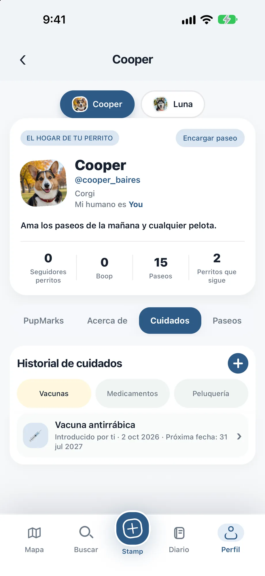 Cronología privada de cuidados de Bella con pestañas de vacunas, medicamentos y peluquería