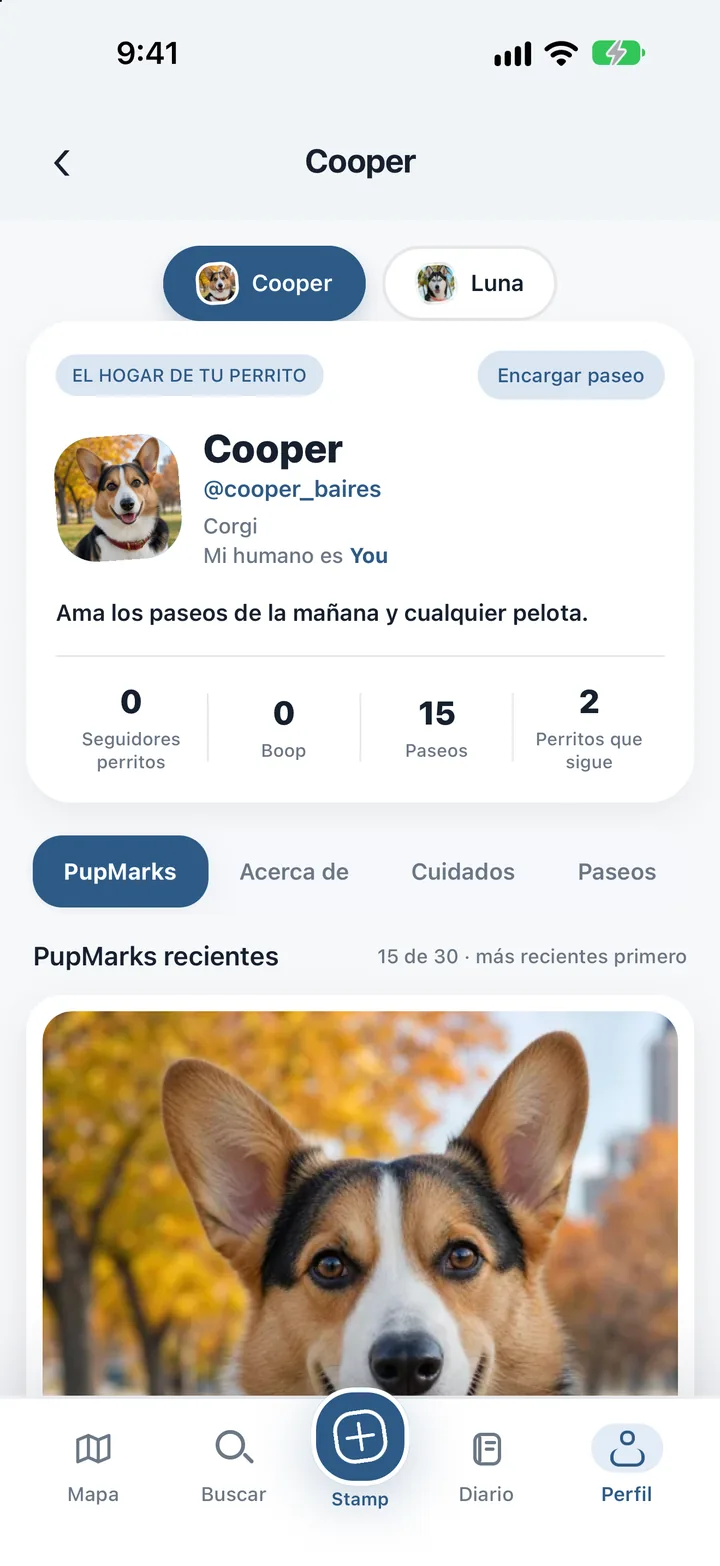 Perfil de Luna en PupMarks con su foto, historia, PupMarks recientes y las pestañas Acerca de, Cuidados y Paseos.