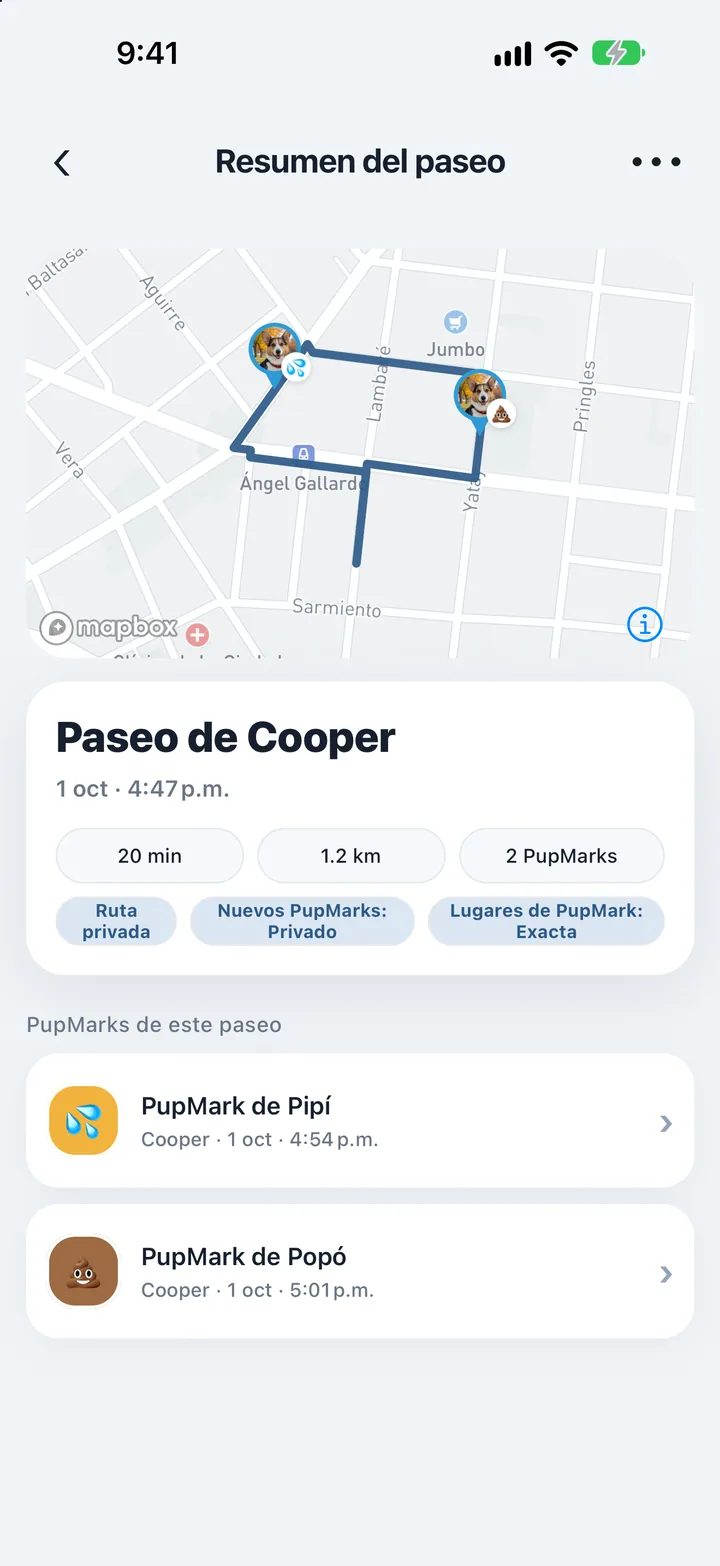 Resumen de paseo de Bella en PupMarks con una ruta, 38 minutos de duración, 1,0 milla de distancia y tres PupMarks.