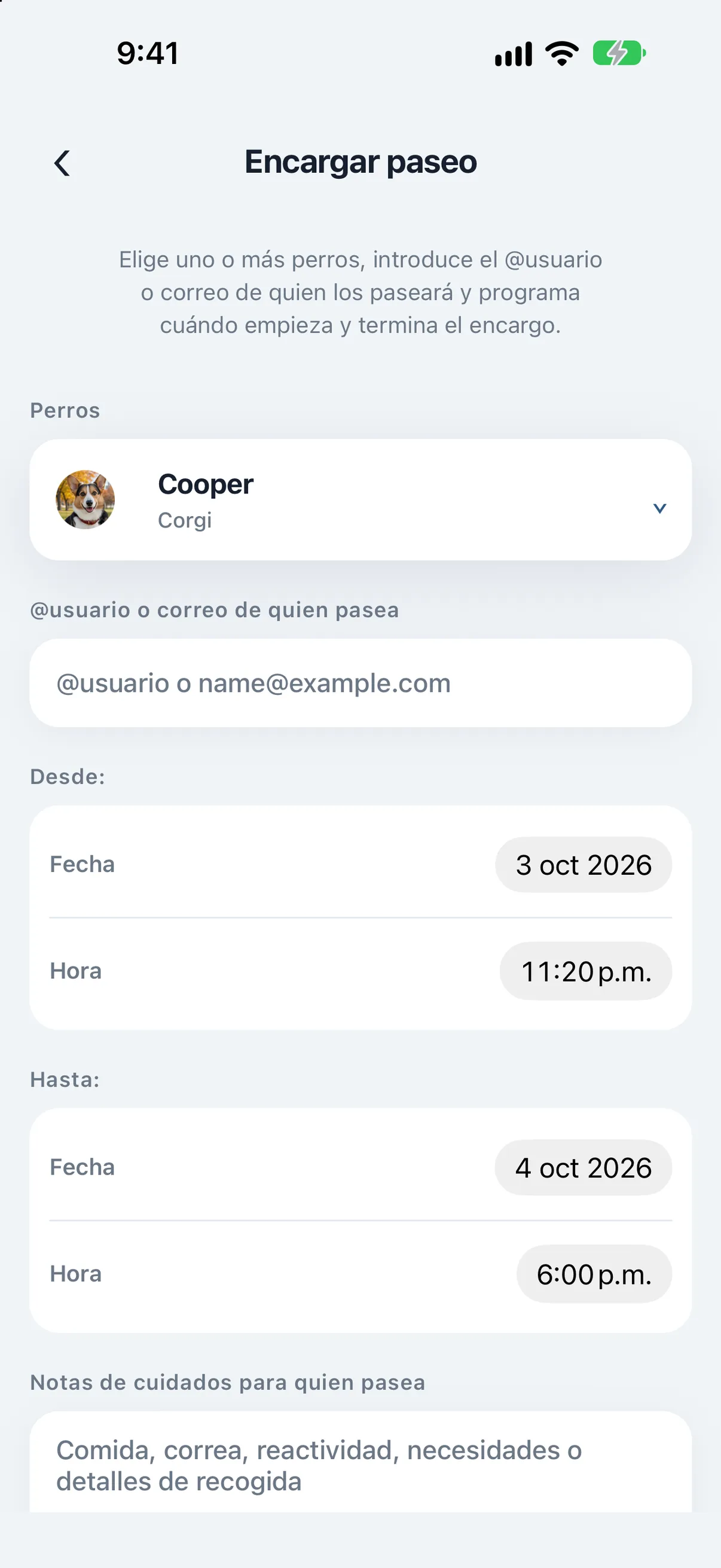 Pantalla Encargar paseo de PupMarks con Maple, un campo para el nombre de usuario o correo de la persona que lo paseará y controles de fecha y hora Desde y Hasta.
