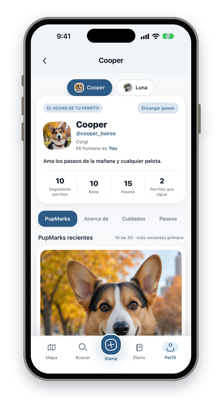 El perfil de Cooper en PupMarks con el selector de perros para Cooper y Luna, y una fila con seguidores, Boops, paseos y perros que sigue.