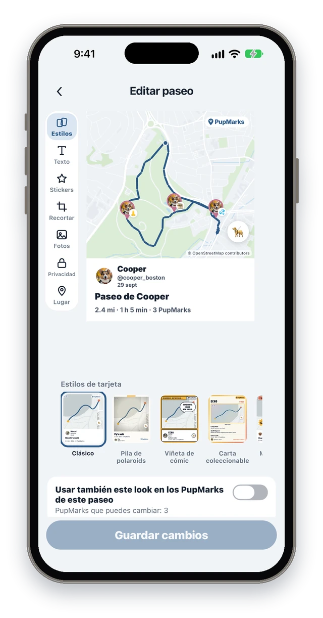 La pantalla Editar paseo de PupMarks con un mapa de la ruta, 2.4 mi, 3 PupMarks, las herramientas Estilos, Texto, Stickers, Recortar, Fotos, Privacidad y Lugar, y la fila de estilos de tarjeta.