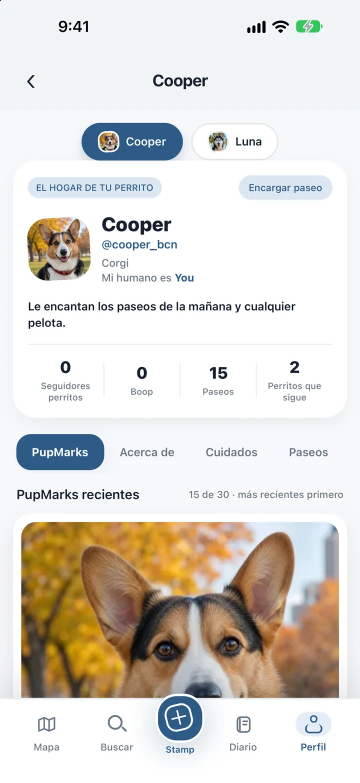 Perfil de Luna en PupMarks con su foto, historia, PupMarks recientes y las pestañas Acerca de, Cuidados y Paseos.