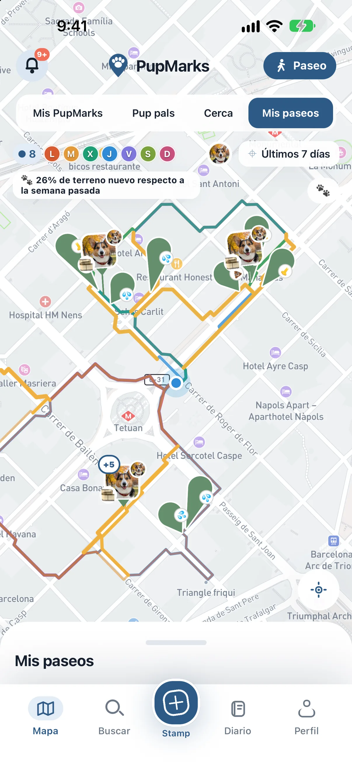 Mapa de PupMarks para iOS con un 43 por ciento de caminos nuevos frente a la semana anterior y los nuevos tramos en dorado