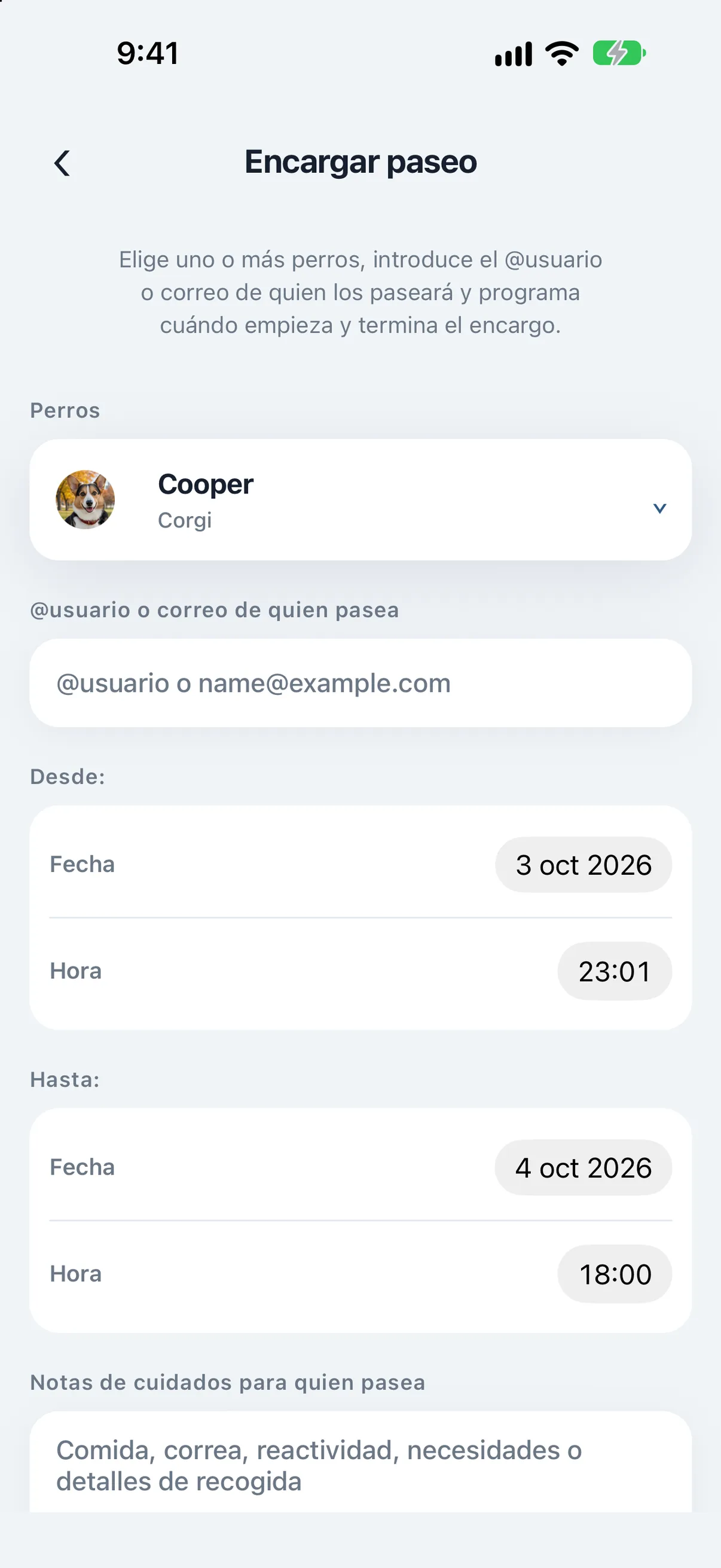 Pantalla Encargar paseo de PupMarks con Maple, un campo para el nombre de usuario o correo de la persona que lo paseará y controles de fecha y hora Desde y Hasta.