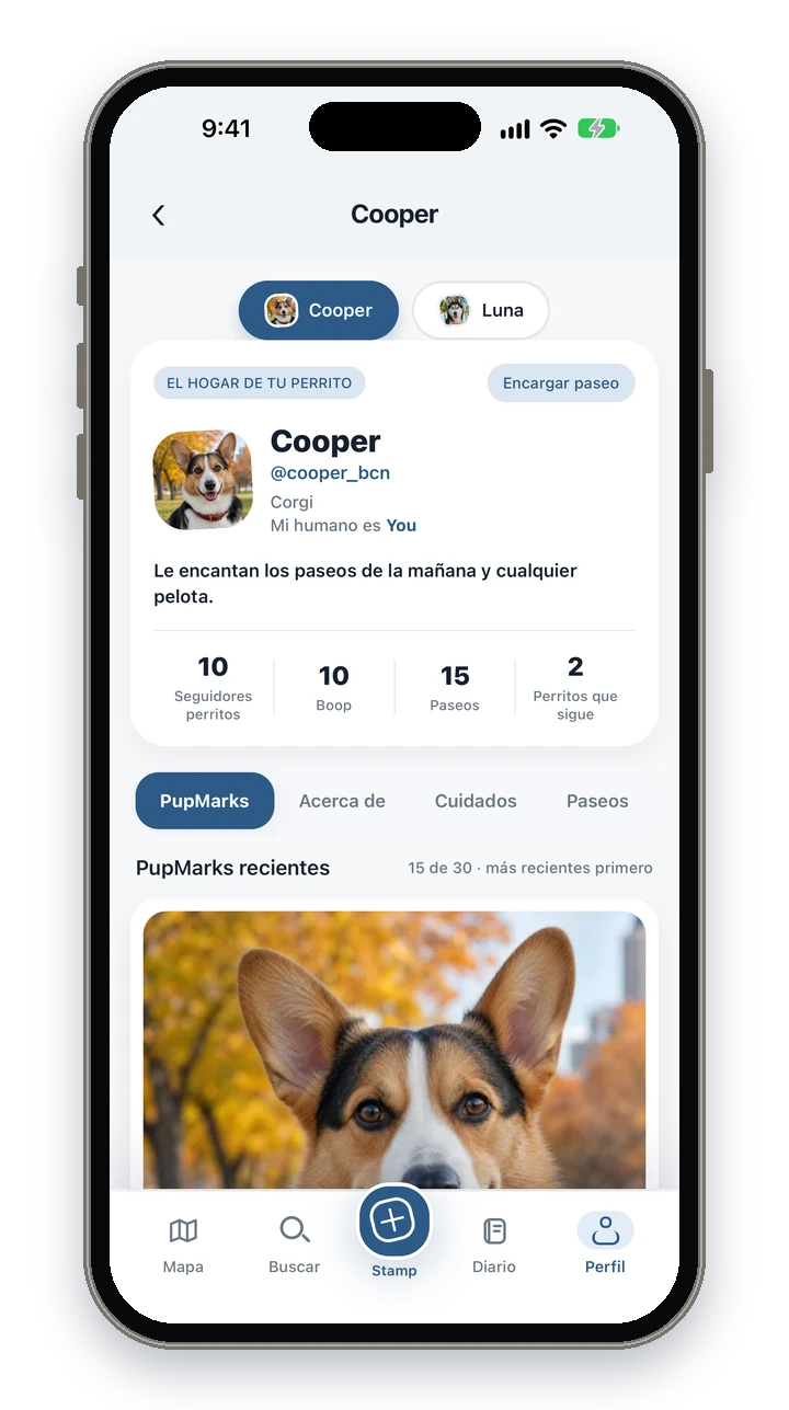 El perfil de Cooper en PupMarks con el selector de perros para Cooper y Luna, y una fila con seguidores, Boops, paseos y perros que sigue.