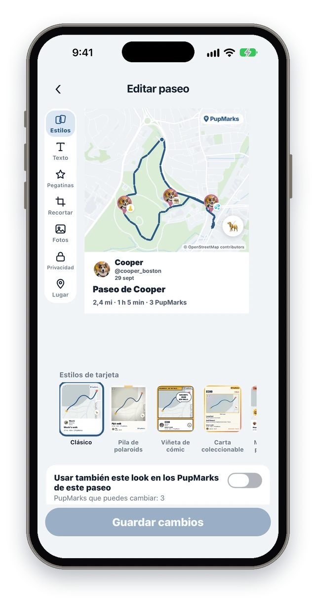 La pantalla Editar paseo de PupMarks con un mapa de la ruta, 2,4 mi, 3 PupMarks, las herramientas Estilos, Texto, Pegatinas, Recortar, Fotos, Privacidad y Lugar, y la fila de estilos de tarjeta.