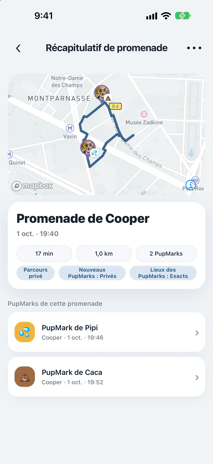Récapitulatif de promenade de Bella dans PupMarks avec un itinéraire, 38 minutes, 1,0 mile et trois PupMarks.