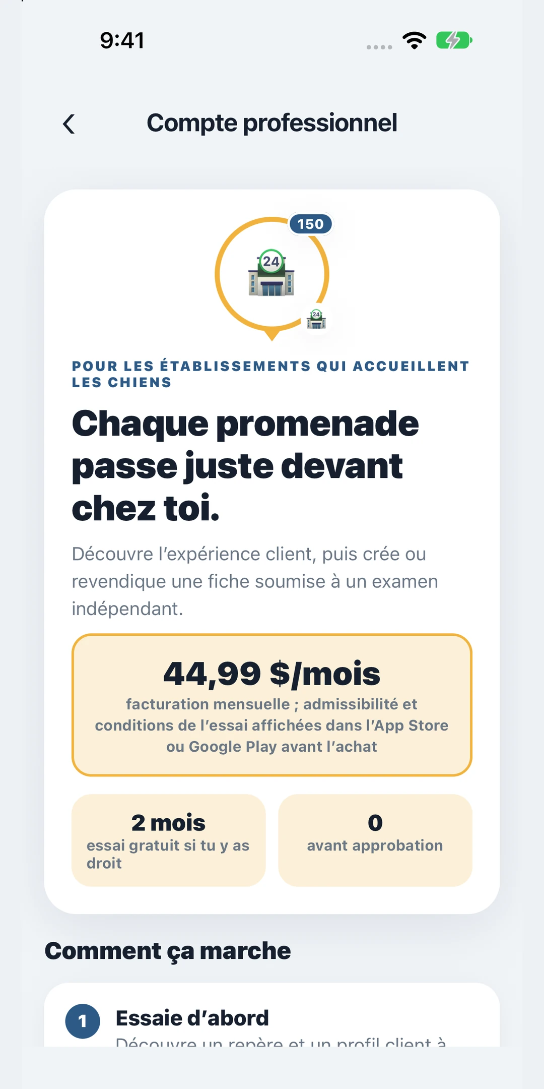 Écran Compte professionnel de PupMarks