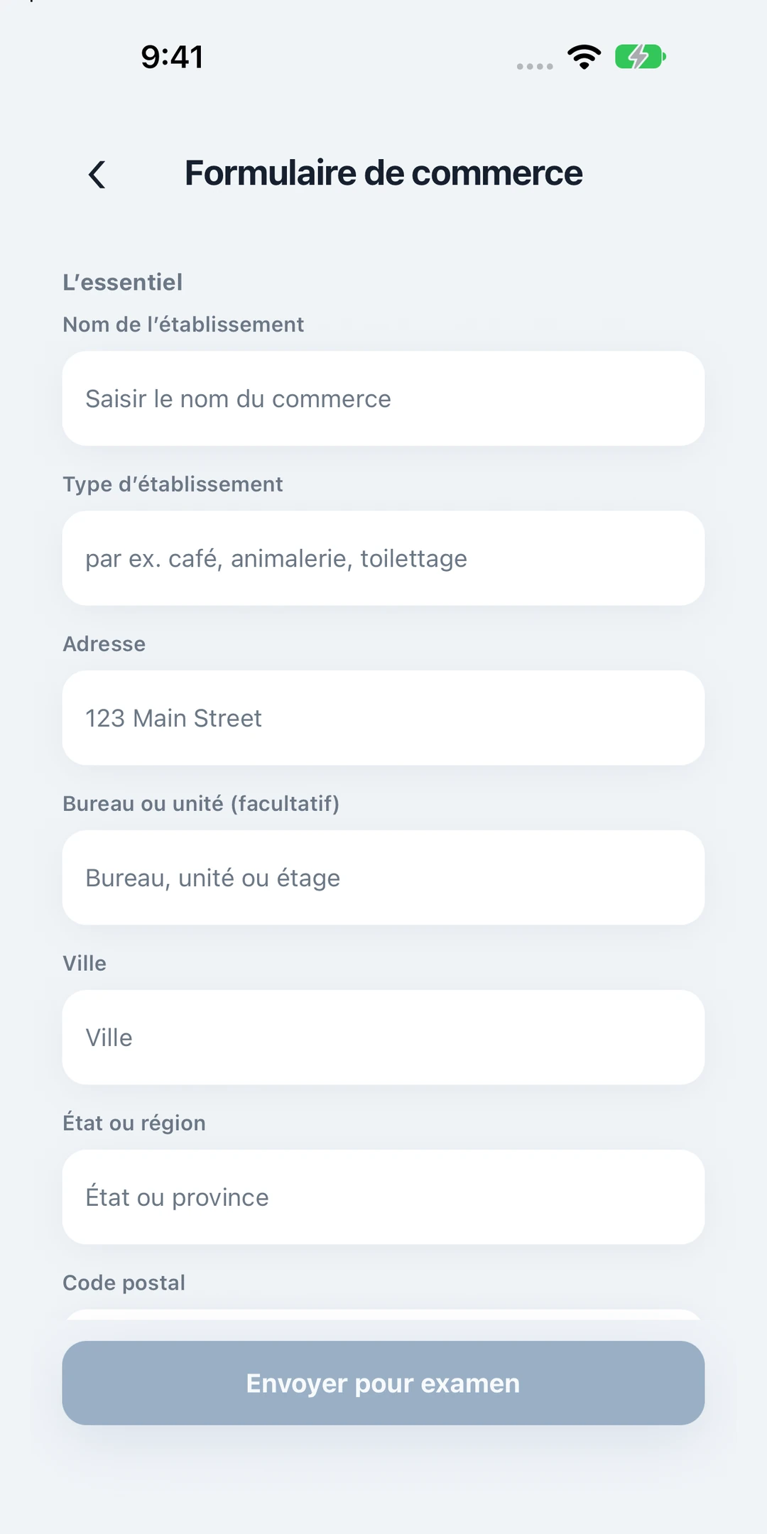 Formulaire professionnel PupMarks présentant les champs du nom, du type et de l'adresse du commerce