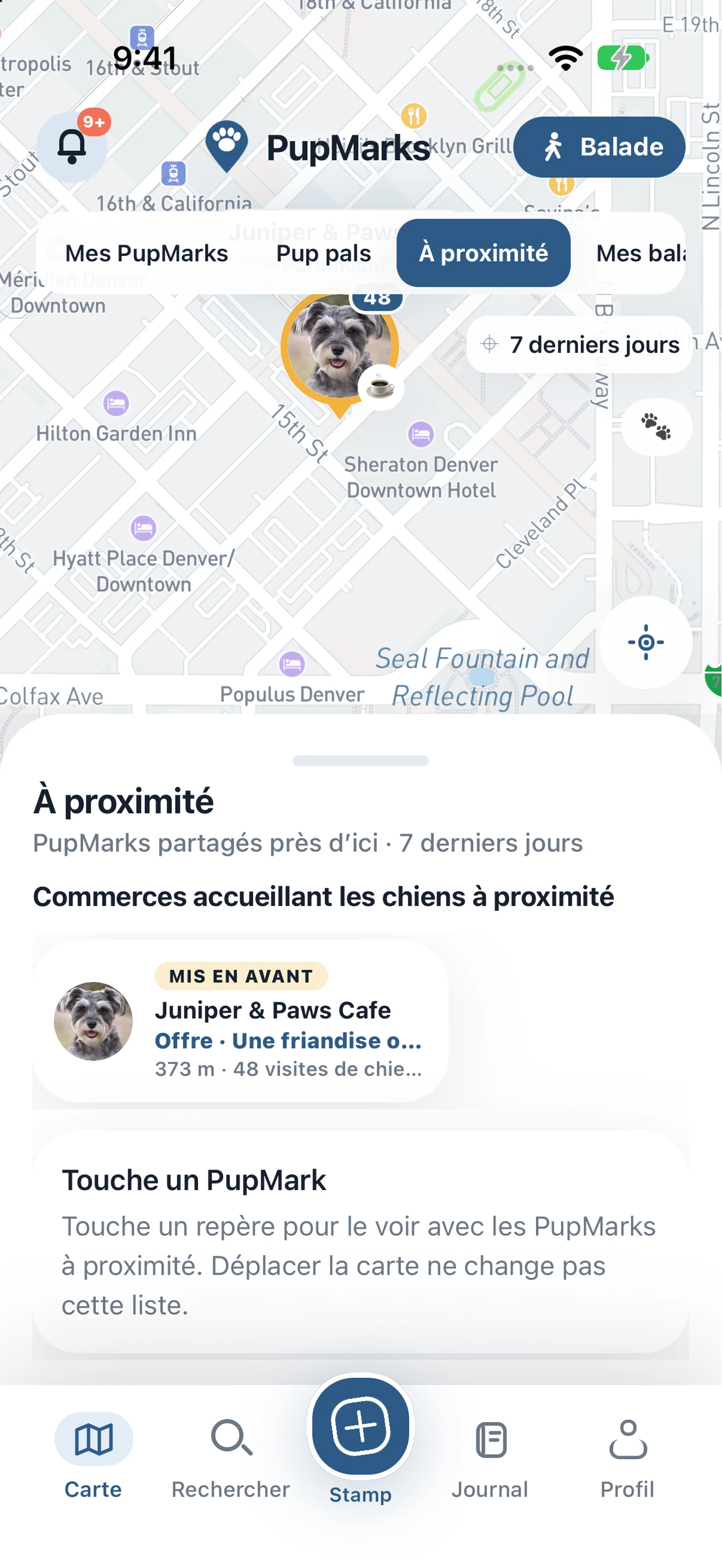 Carte PupMarks montrant deux repères de commerces et des fiches de commerces à proximité