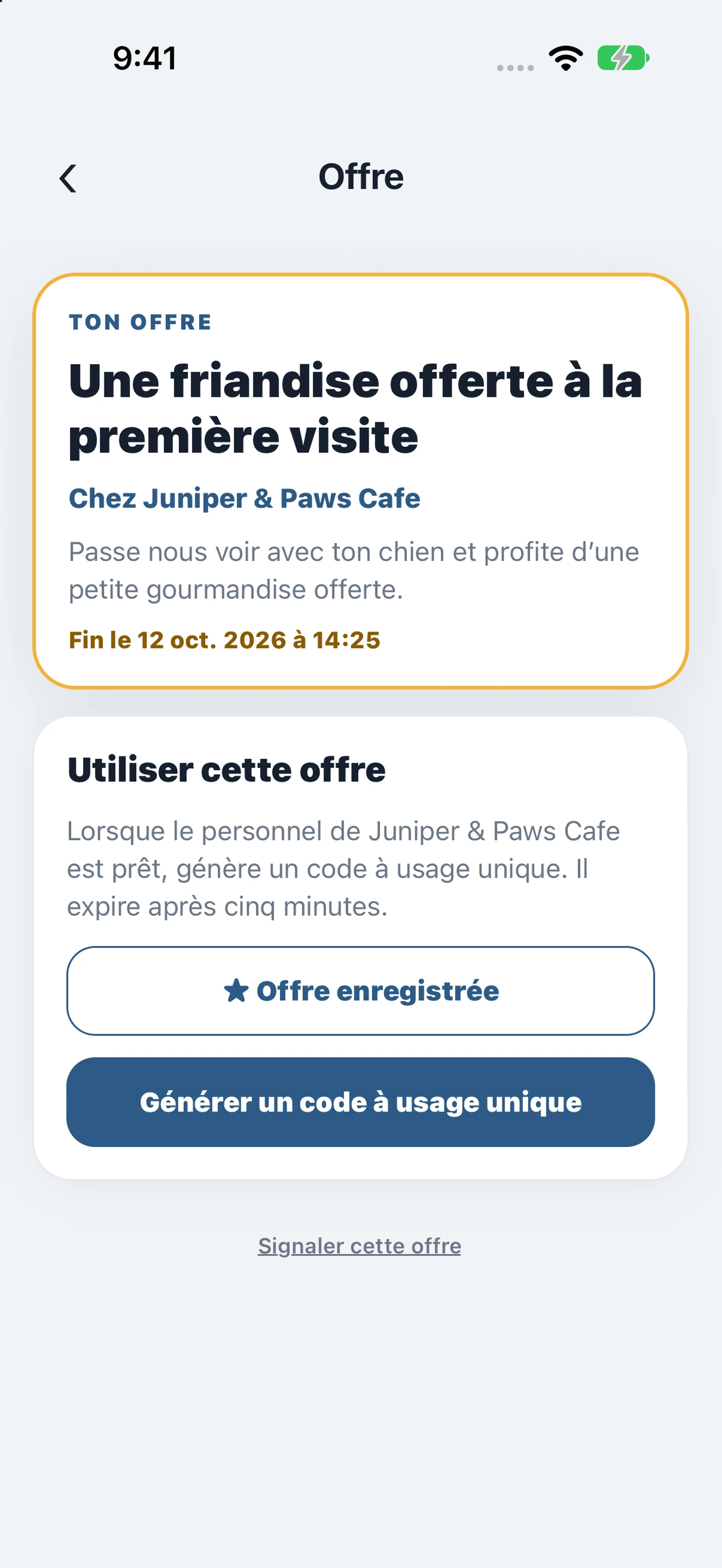Écran d'offre PupMarks avec les boutons Enregistrer cette offre et Générer un code à usage unique