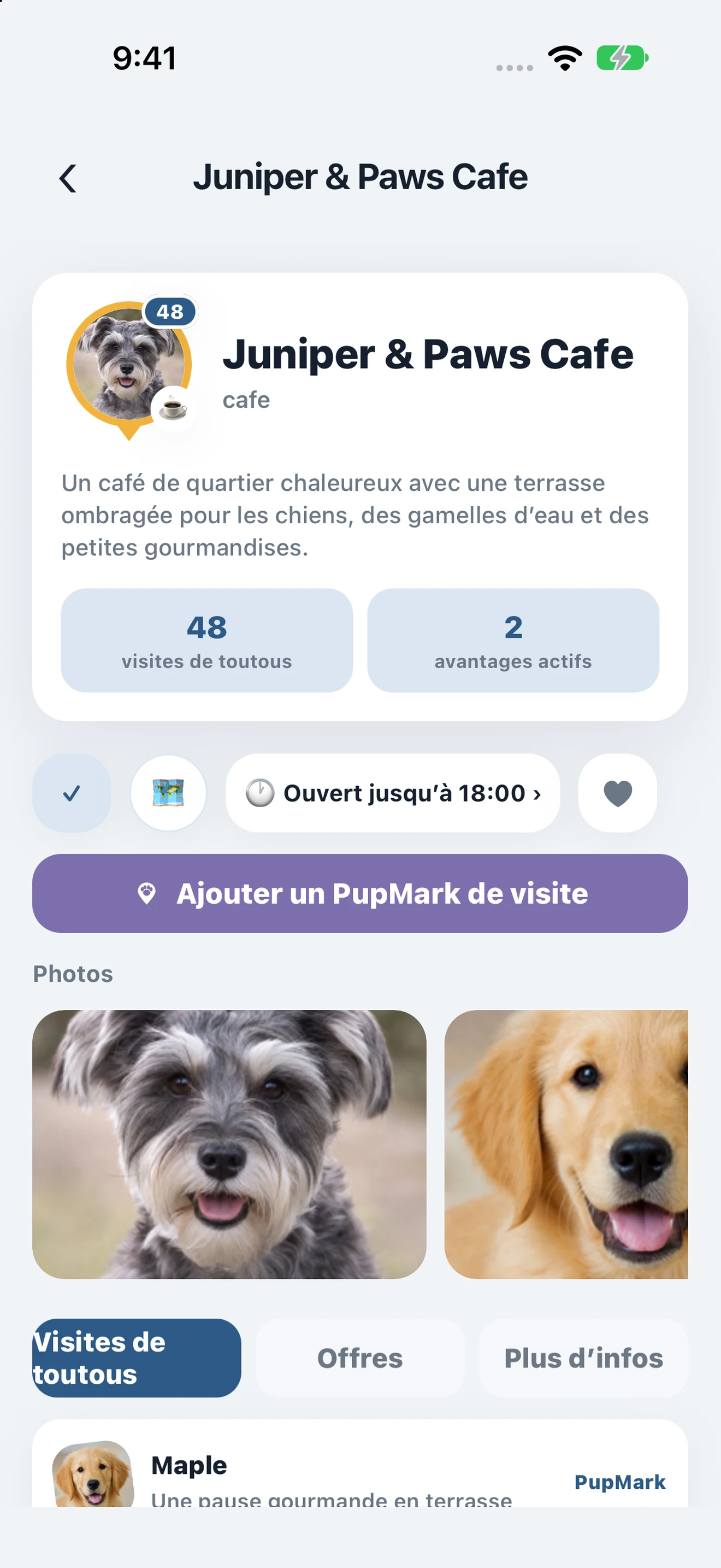Profil professionnel PupMarks de Juniper and Paws Cafe présentant les informations, les avantages et les commandes de suivi et de visite