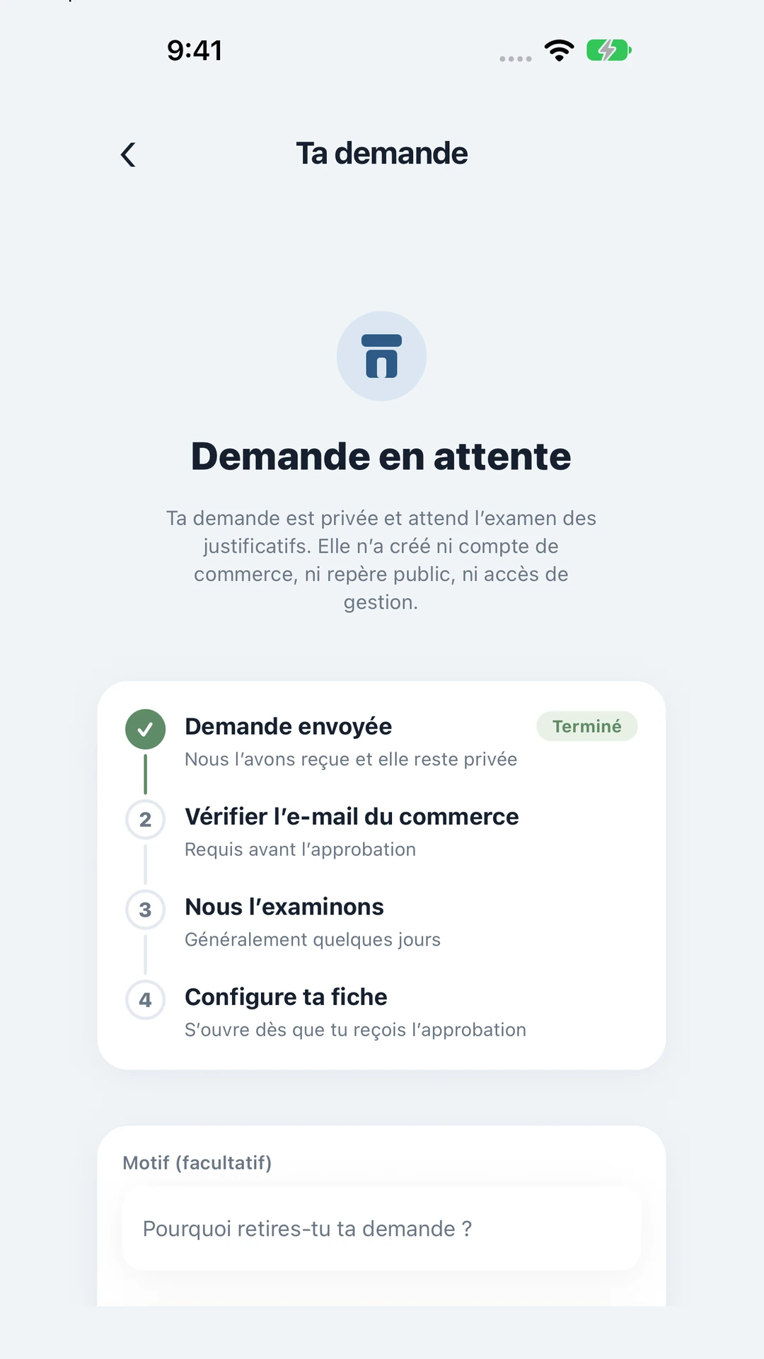 Écran de suivi d'une demande PupMarks indiquant qu'une candidature a été envoyée pour examen