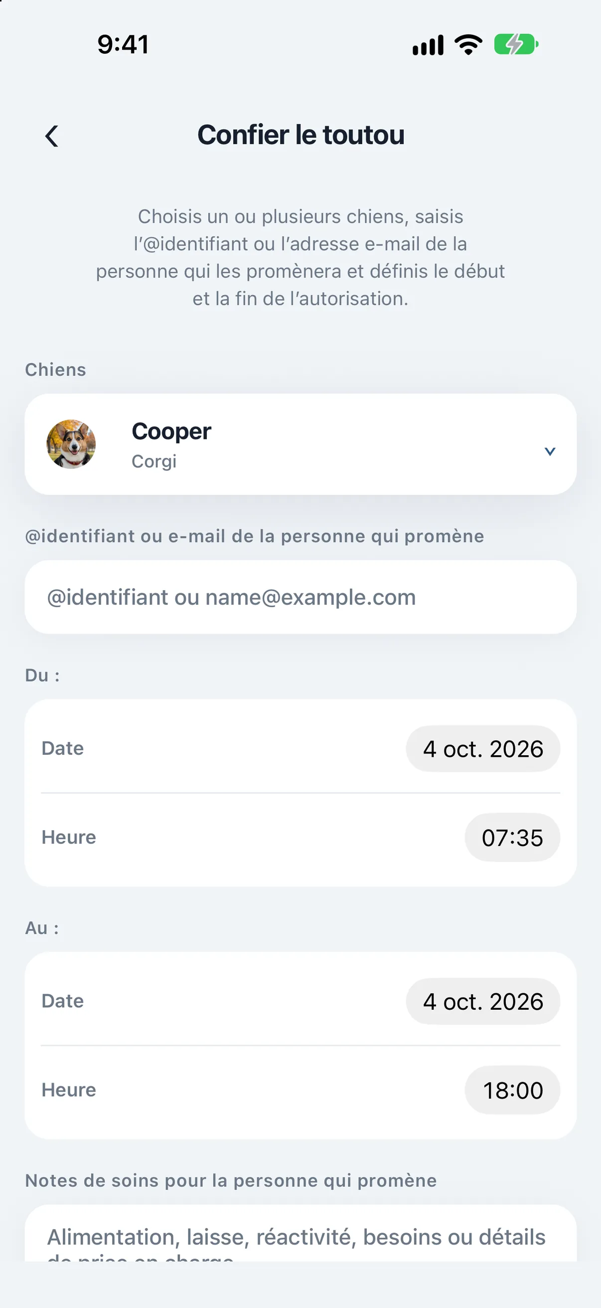 Écran Confier un chien de PupMarks avec Maple, un champ pour le nom d'utilisateur ou l'e-mail du promeneur et les réglages de date et d'heure Du et Jusqu'au.