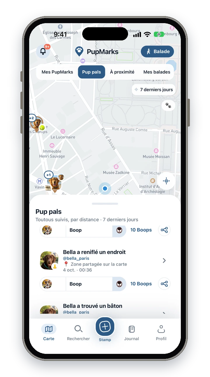 La carte et la liste des Pup pals de PupMarks avec un PupMark proche de Bella et un bouton Boop avec le visage d’un chien.