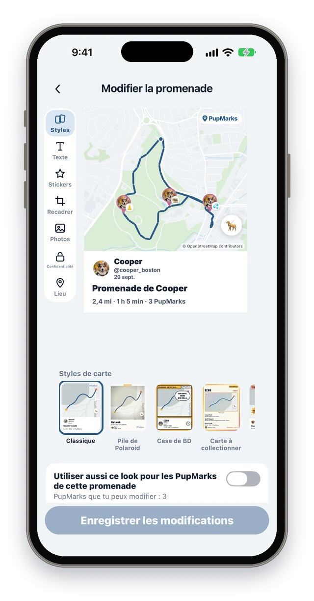 L’écran Modifier la promenade de PupMarks avec la carte de l’itinéraire, 2,4 mi, 3 PupMarks, les outils Styles, Texte, Stickers, Recadrer, Photos, Confidentialité et Lieu, et la rangée Styles de carte.