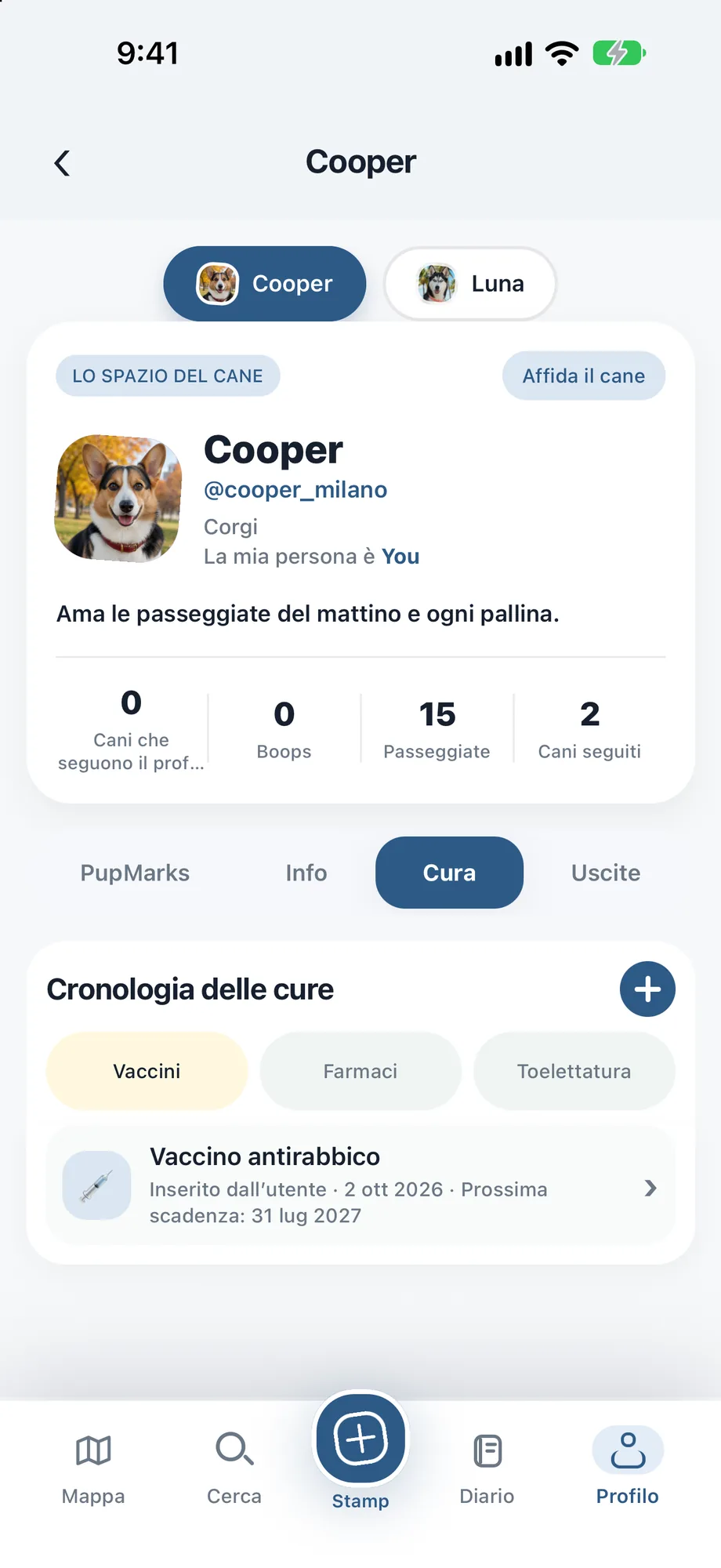 Cronologia Cura privata di Bella con schede vaccini, farmaci e toelettatura