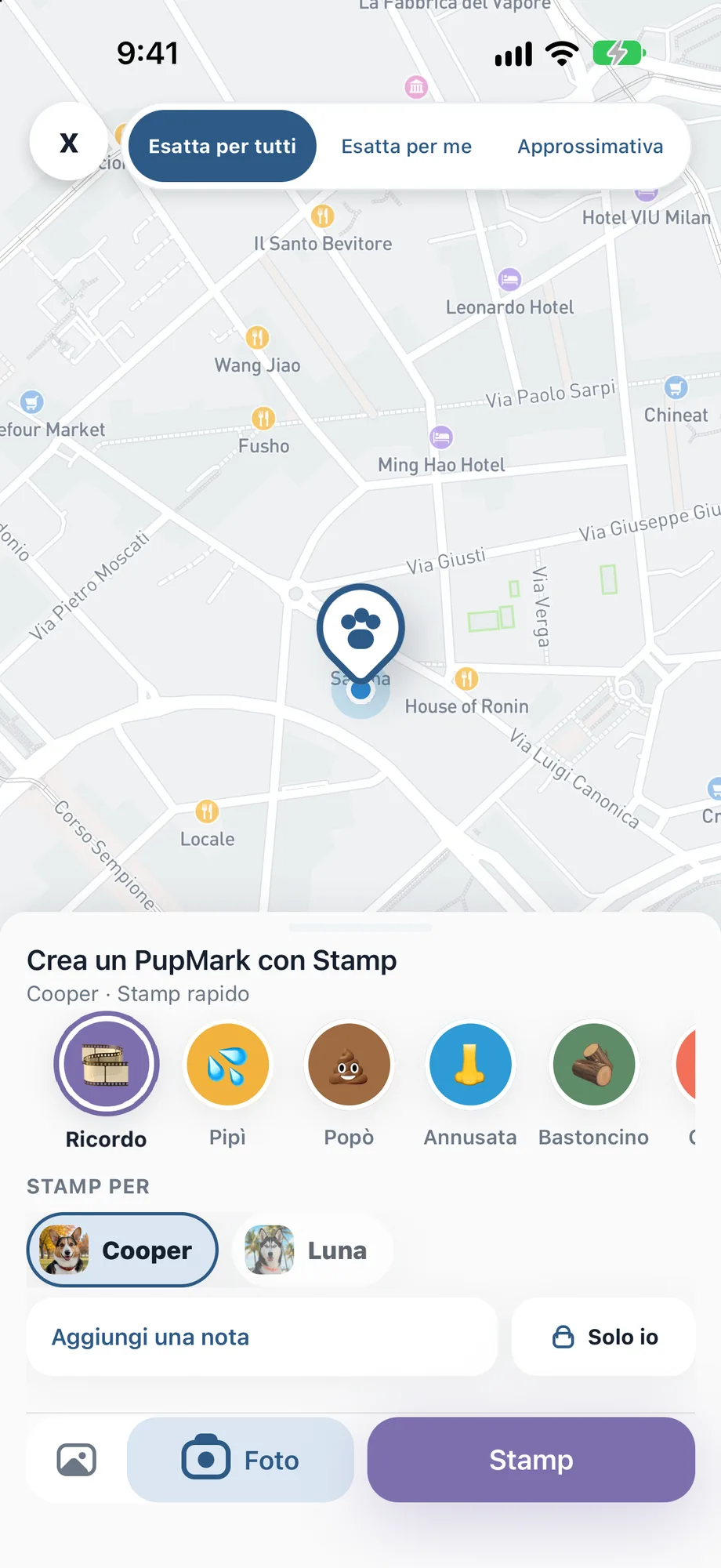 Schermata ricordo PupMarks con segnaposto, precisione della posizione, categoria Ricordo e comando foto.