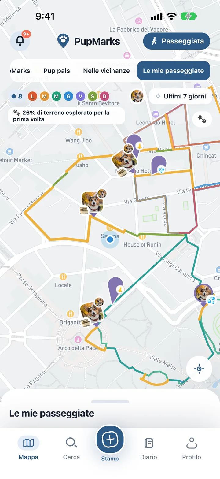 Mappa settimanale PupMarks iOS con sette colori dei giorni e punteggio dei percorsi unici