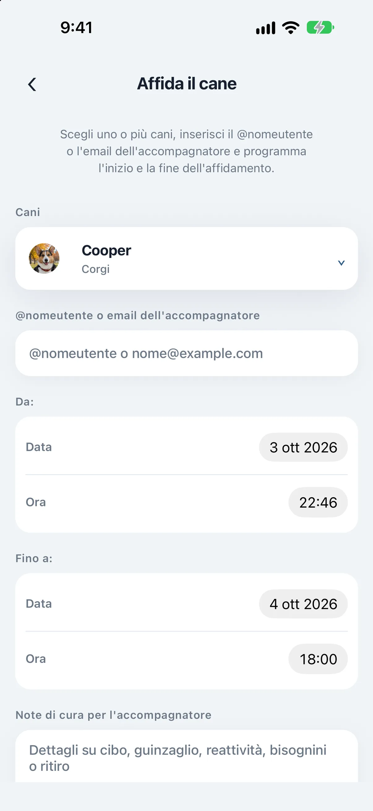 Schermata Affida il cane di PupMarks con Maple, un campo per il nome utente o l’email della persona che lo porterà a spasso e i controlli Da e Fino a per data e ora.