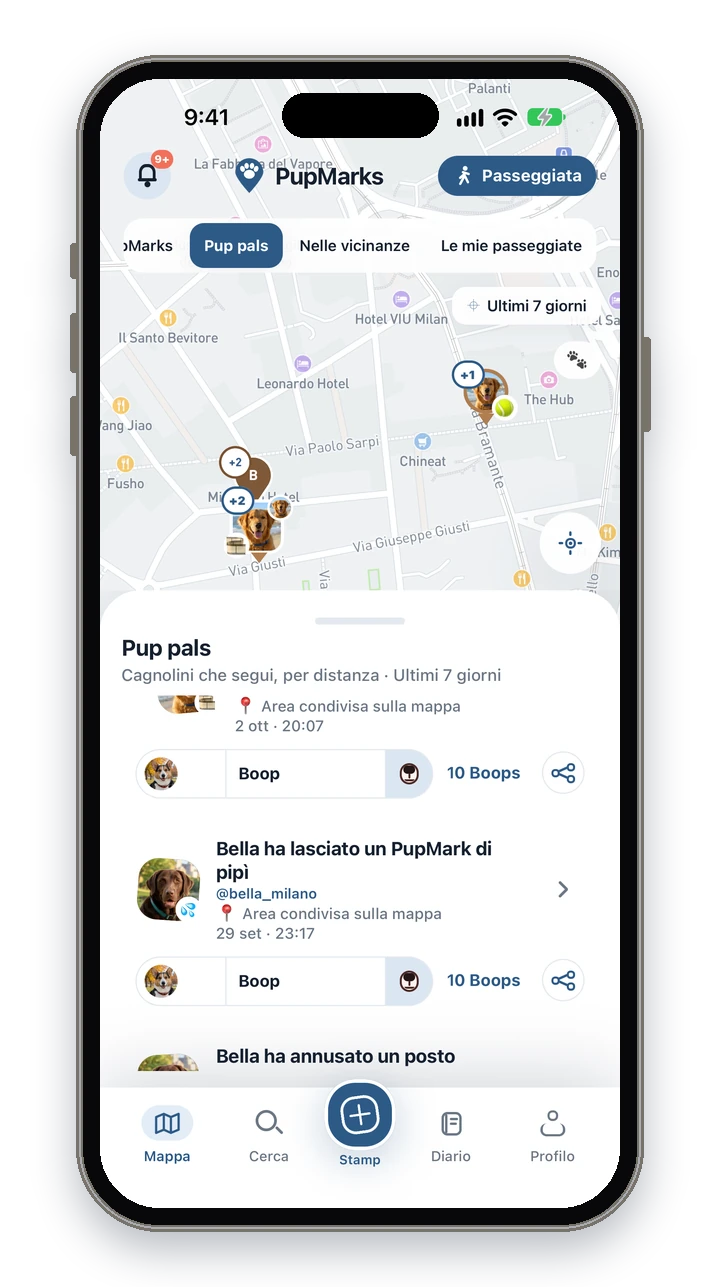 La mappa e l’elenco dei Pup pals di PupMarks con un PupMark vicino di Bella e un pulsante Boop con il muso di un cane.