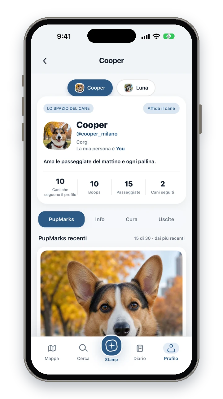 Il profilo di Cooper in PupMarks con il selettore dei cani per Cooper e Luna e una riga con Cani che seguono il profilo, Boops, Passeggiate e Cani seguiti.