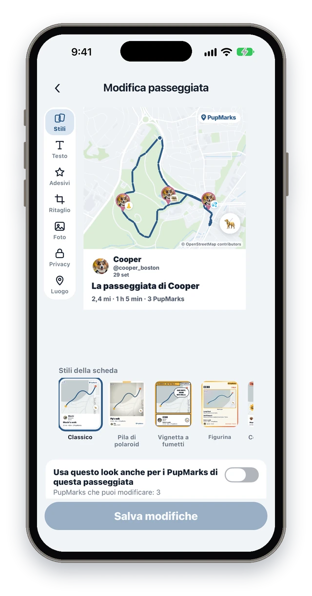 La schermata Modifica passeggiata di PupMarks con la mappa del percorso, 2,4 mi, 3 PupMarks, gli strumenti Stili, Testo, Adesivi, Ritaglio, Foto, Privacy e Luogo e la riga Stili della scheda.