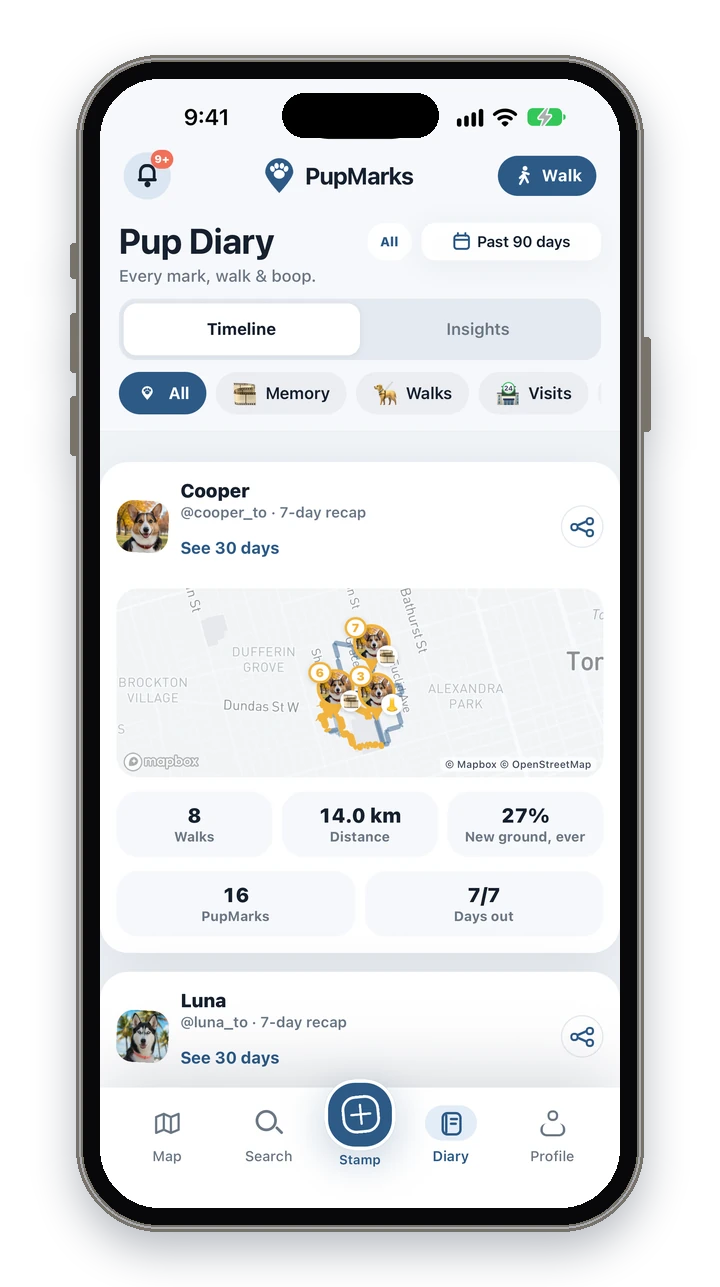 The PupMarks Pup Diary with the Timeline and Insights tabs, filter chips and the 7-day recap cards for Cooper and Luna.