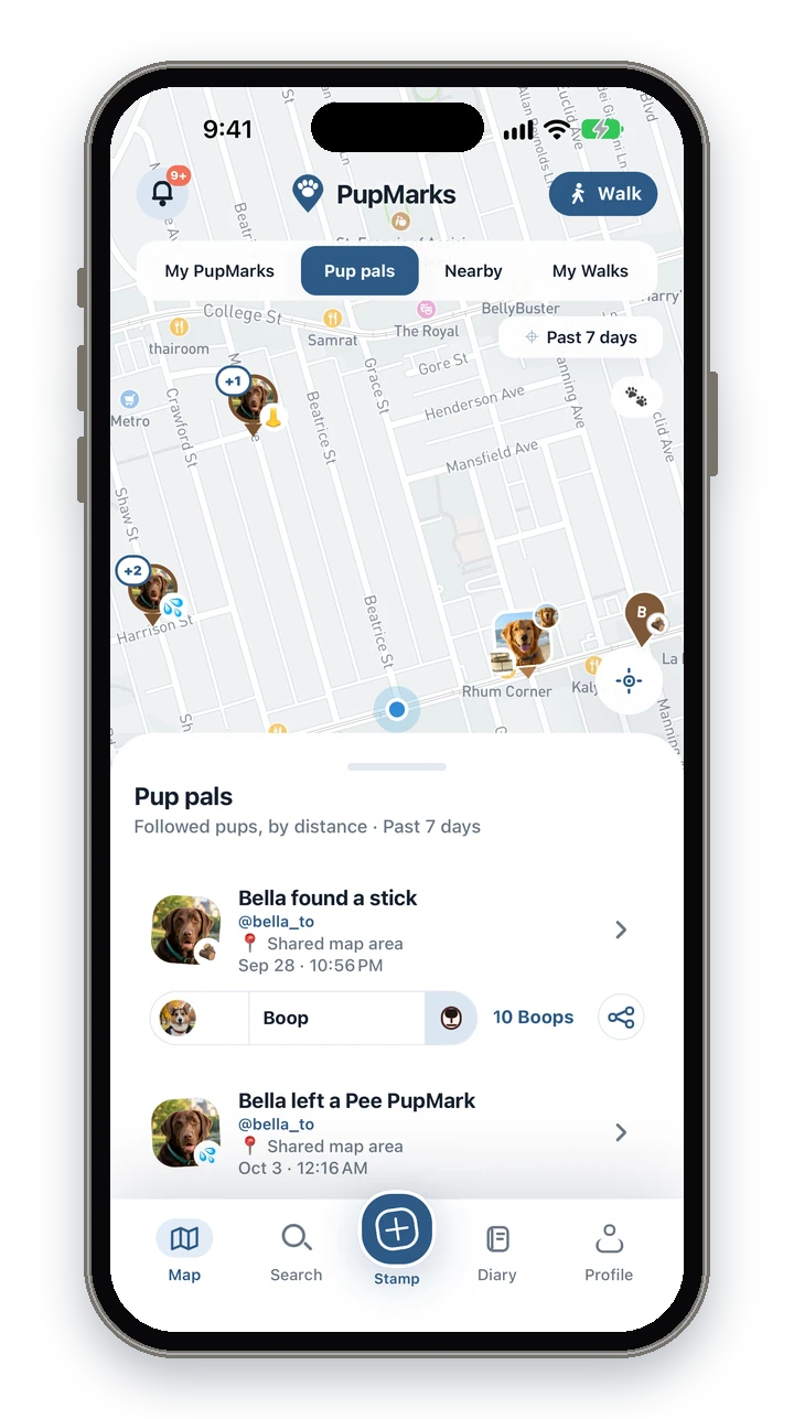 The PupMarks Pup pals map and list with a nearby PupMark from Bella and a Boop button with a pup’s face.