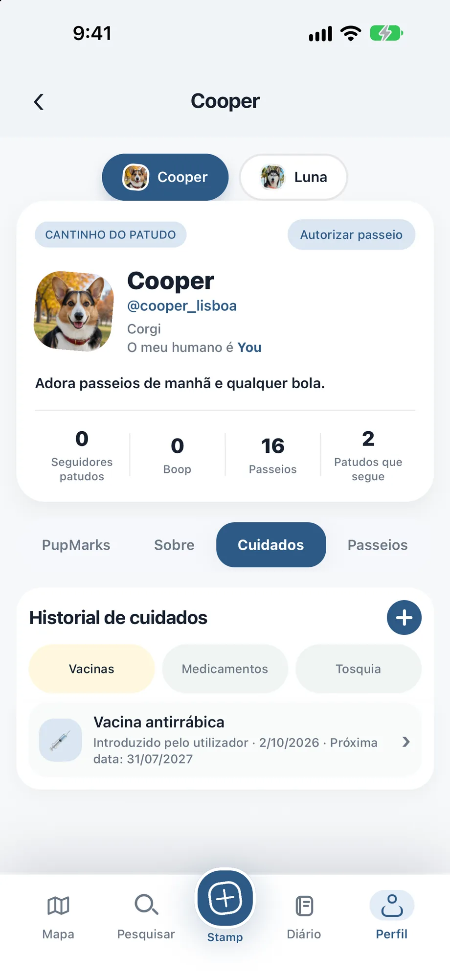 Cronologia privada de cuidados da Bella com separadores Vacinas, Medicação e Tosquia