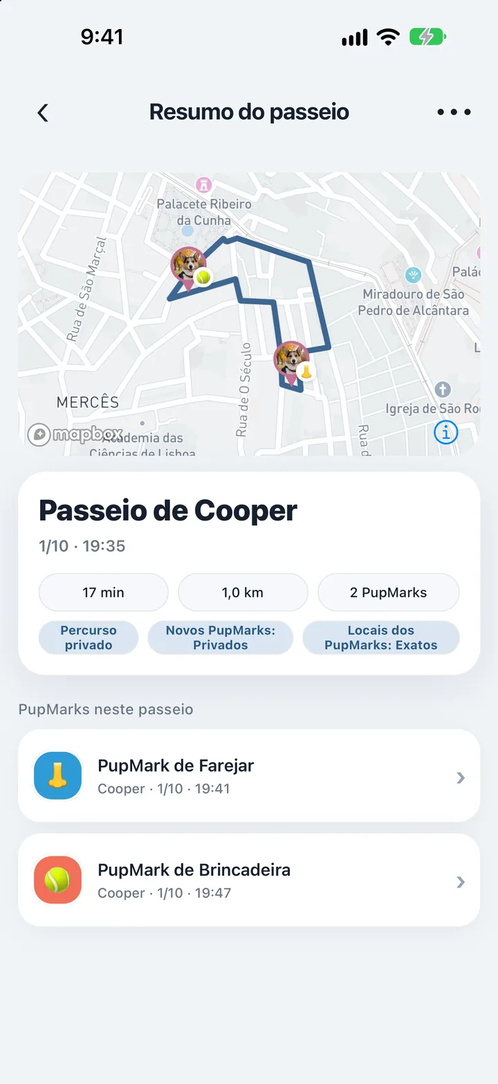 Volta concluída da Bella em Central Park com percurso, tempo, distância e três PupMarks