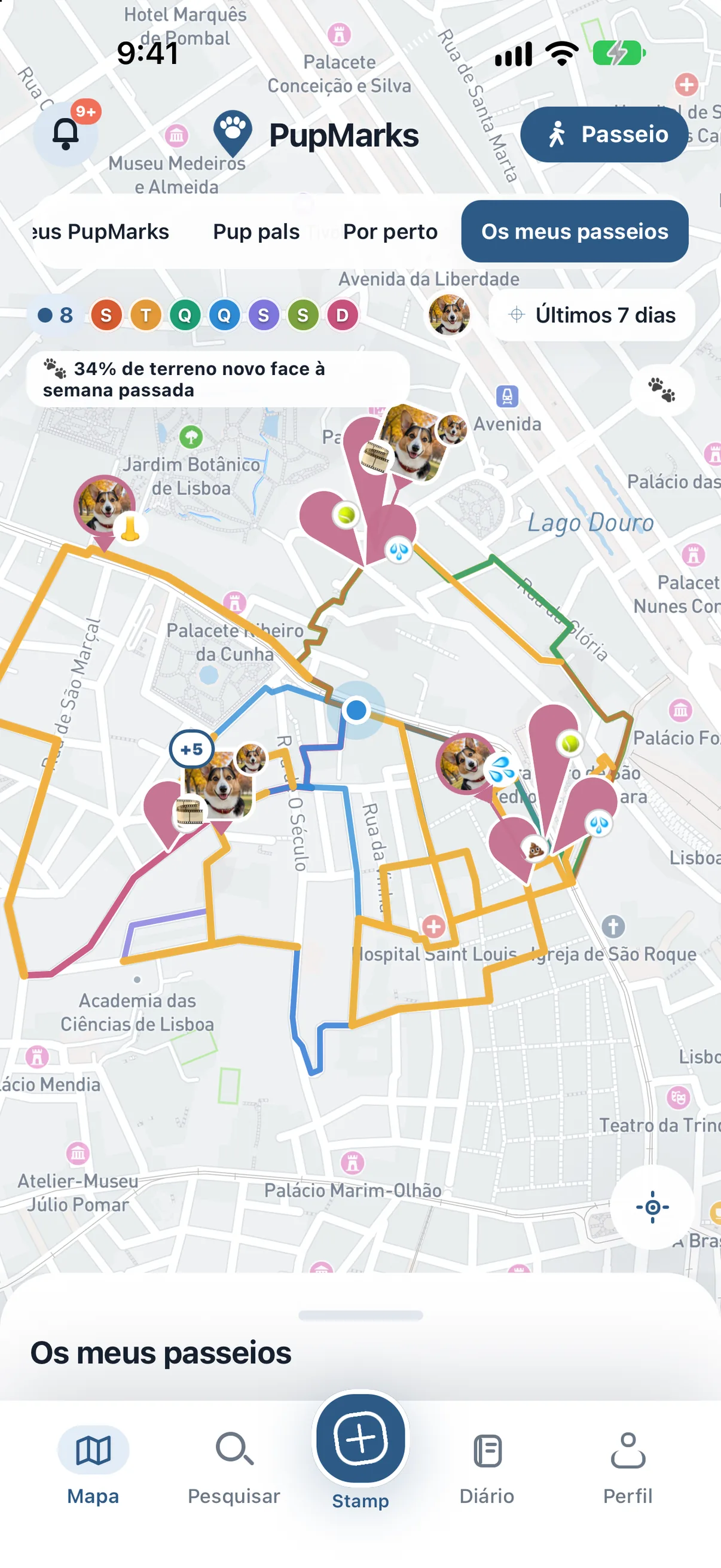 Mapa do PupMarks no iOS com 43% de caminhos novos em comparação com a semana anterior e os novos troços do percurso a dourado