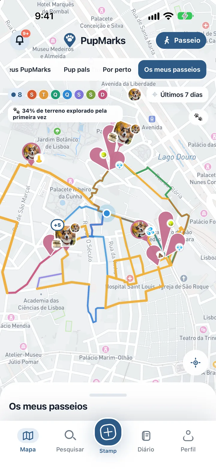 Mapa semanal de percursos do PupMarks no iOS com sete cores por dia e uma pontuação de caminhos únicos